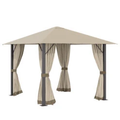 Outsunny 10' X 10' Patio Gazebo Aluminum Frame Outdoor Canopy Shelter With Sidewalls, Vented Roof For Garden, Lawn, Backyard, And Deck, Khaki
