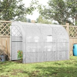 Outsunny 10' X 5' X 7' Outdoor Walk-In Greenhouse, Plant Nursery With Zippered Doors, PE Cover And 3 Wire Shelves, White -Outsunny YIV6ff17f911c9d3f