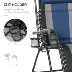 Outsunny XL Oversize Zero Gravity Recliner, Padded Patio Lounger Chair, Folding Chair With Adjustable Backrest, Cup Holder, And Headrest For Backyard, Poolside, Lawn, Striped, Blue -Outsunny YMo88c17f9142d009