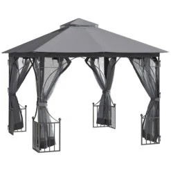 Outsunny 10' X 10' Patio Gazebo, Double Roof Outdoor Gazebo Canopy Shelter With Netting, Steel Corner Frame For Garden, Lawn, Backyard And Deck, Dark Gray