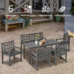 Outsunny 6 Piece Patio Dining Set, Outdoor Poplar Wood Furniture Set, Umbrella Hole Table And Chairs With Bench For Porch, Backyard, Balcony, Outside Garden, Dark Gray -Outsunny YPLecc189673a4c9d