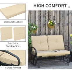 Outsunny Patio Glider Bench With Padded Cushions And Armrests, Outdoor 2-Person Swing Rocking Chair Loveseat With Sturdy Frame, Beige -Outsunny YUnb1018063e0c123