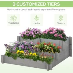 Outsunny 3 Tier Raised Garden Bed, Water Draining Fabric For Soil, Elevated Wood Flower Box For Vegetables, Herbs, Gray -Outsunny YaZa09188c3b8d938