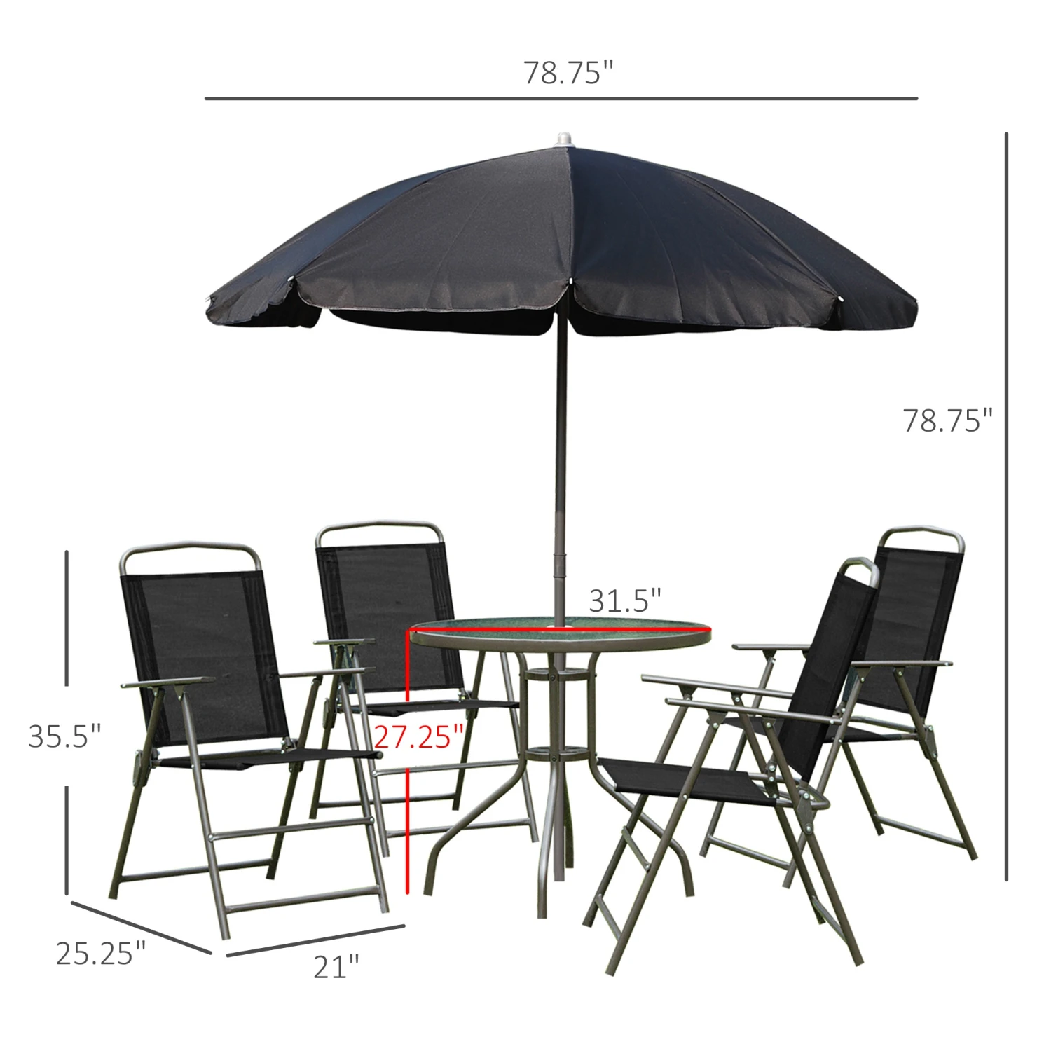 Outsunny 6 Piece Patio Dining Set For 4 With Umbrella, Outdoor Table And Chairs With 4 Folding Dining Chairs & Round Glass Table For Garden, Backyard And Poolside, Black 3 Outsunny 6 Piece Patio Dining Set For 4 With Umbrella, Outdoor Table And Chairs With 4 Folding Dining Chairs & Round Glass Table For Garden, Backyard And Poolside, Black - Image 3