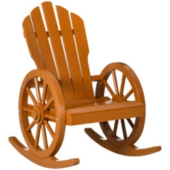 Outsunny Wooden Rocking Chair, Adirondack Rocker Chair W/ Slatted Design And Oversized Back, Outdoor Rocking Chair With Wagon Wheel Armrest For Porch, Poolside, And Garden, Teak