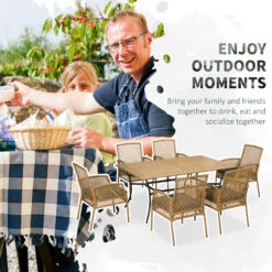 Outsunny 7 Piece Patio Dining Set With Cushions, Outdoor Patio PE Rattan Wicker Dining Table Set With Composite Table And 6 Chairs For Backyard, Garden, Deck, Poolside, Tan -Outsunny Yg3c39189673a4f59