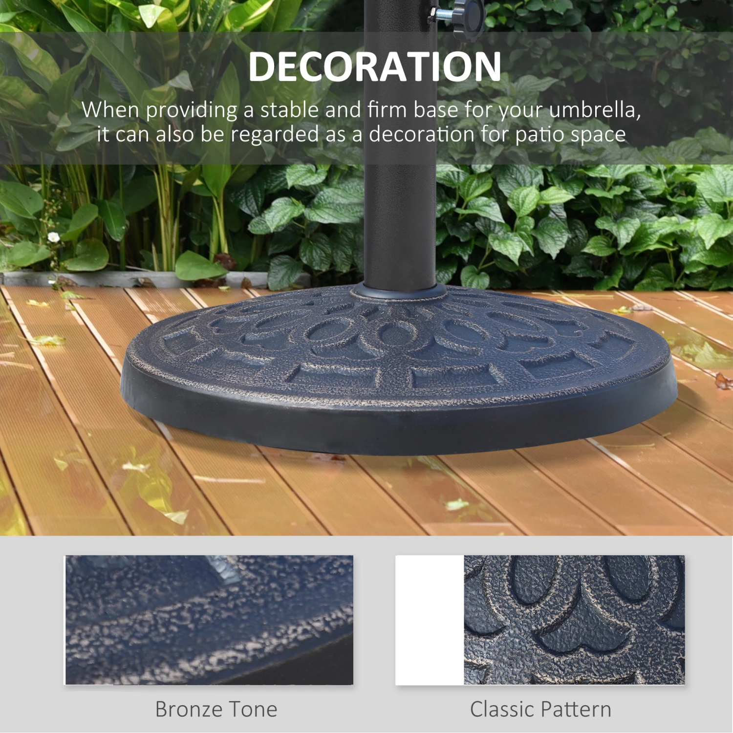 Outsunny 17" 27 Lbs Outdoor Umbrella Stand Base, Round Resin Heavy Duty Market Parasol Holder With Decorative Pattern & Easy Setup, For Φ1.5", Φ1.89" Pole, For Lawn, Deck, Backyard, Garden, Bronze 6 Outsunny 17" 27 Lbs Outdoor Umbrella Stand Base, Round Resin Heavy Duty Market Parasol Holder With Decorative Pattern & Easy Setup, For Φ1.5", Φ1.89" Pole, For Lawn, Deck, Backyard, Garden, Bronze - Image 6