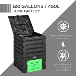 Outsunny Garden Compost Bin, 120 Gallon (450L) Garden Composter, BPA Free, With 80 Vents And 2 Sliding Doors, Lightweight & Sturdy, Fast Creation Of Fertile Soil, Black -Outsunny Z2Ma09188c3b86bcc