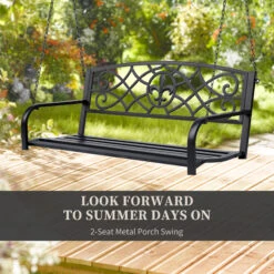 Outsunny 2-Person Porch Swing, Hanging Steel Patio Swing, Outdoor Swing Bench With Fleur-de-Lis Design For Garden Deck, 528 LBS Weight Capacity, Black -Outsunny Z4fa0917fe7fbcf6a