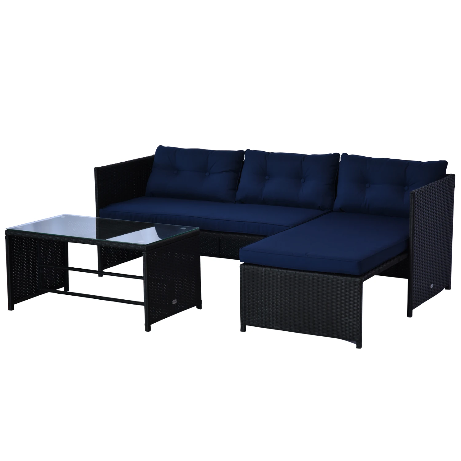 Outsunny 3 Piece Patio Furniture Set, Rattan Outdoor Sofa Set With Chaise Lounge & Loveseat, Soft Cushions, Tempered Glass Table, L-Shaped Sectional Couch, Blue 1 Outsunny 3 Piece Patio Furniture Set, Rattan Outdoor Sofa Set With Chaise Lounge & Loveseat, Soft Cushions, Tempered Glass Table, L-Shaped Sectional Couch, Blue