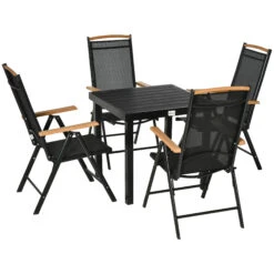 Outsunny 5 Piece Outdoor Furniture Patio Dining Set For 4, Square Outdoor Dining Table, Adjustable Reclining Folding Chairs, Black -Outsunny Z9E98a17f49305a61