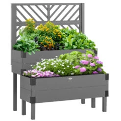 Outsunny 2 Tier Raised Garden Bed With Trellis, Wooden Elevated Planter Box With Legs And Metal Corners, For Vegetables, Flowers, Herbs, Gray