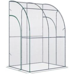 Outsunny 5' X 4' X 7' Lean-to Greenhouse, Walk-in Wall Mounted Hot House & Plant Nursery With 2 Zippered Roll Up Doors, Sloping PVC Cover, Green And Clear