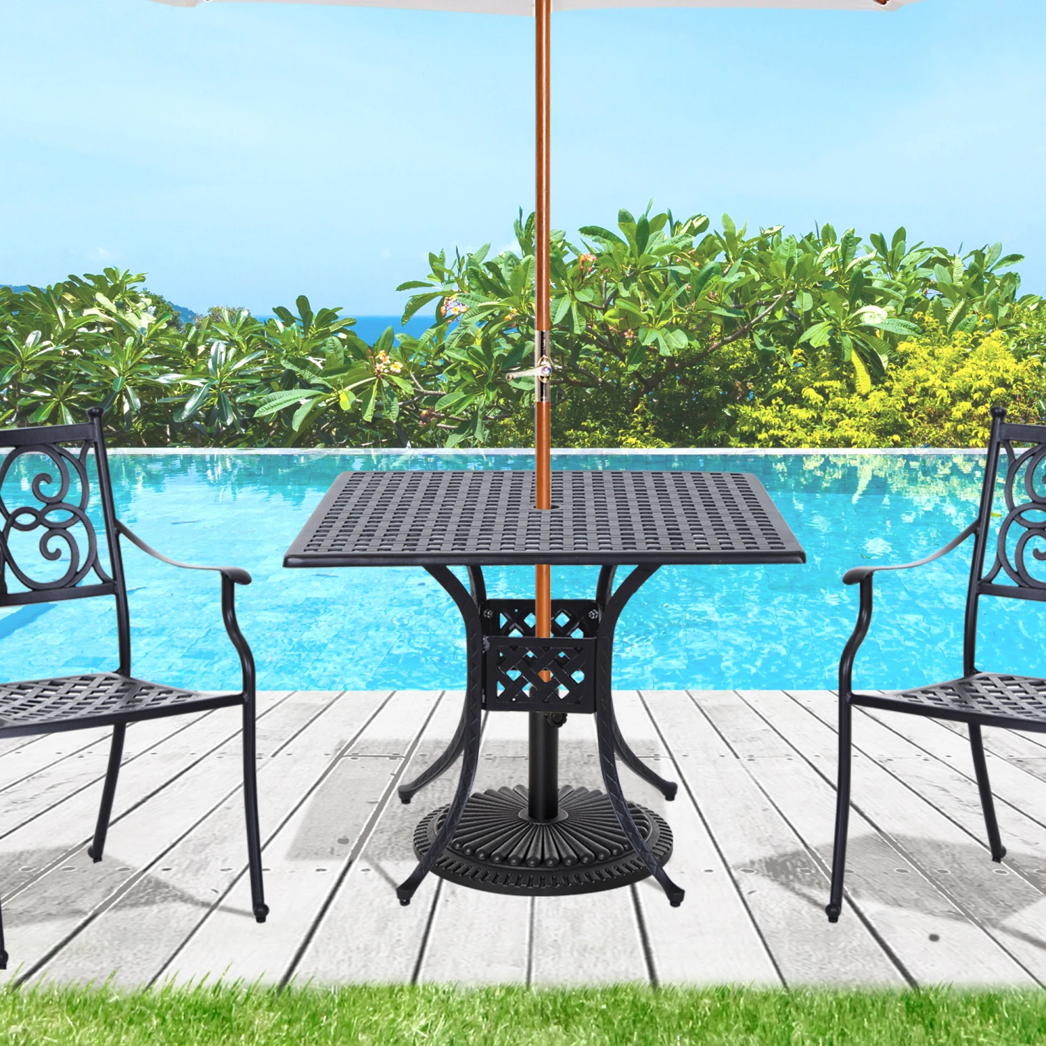 Outsunny 36" Square Patio Table With 2" Dia Umbrella Hole, Cast Aluminum Outdoor Dining Table, Outdoor Bistro Table For Garden, Backyard, Porch, Black 2 Outsunny 36" Square Patio Table With 2" Dia Umbrella Hole, Cast Aluminum Outdoor Dining Table, Outdoor Bistro Table For Garden, Backyard, Porch, Black - Image 2