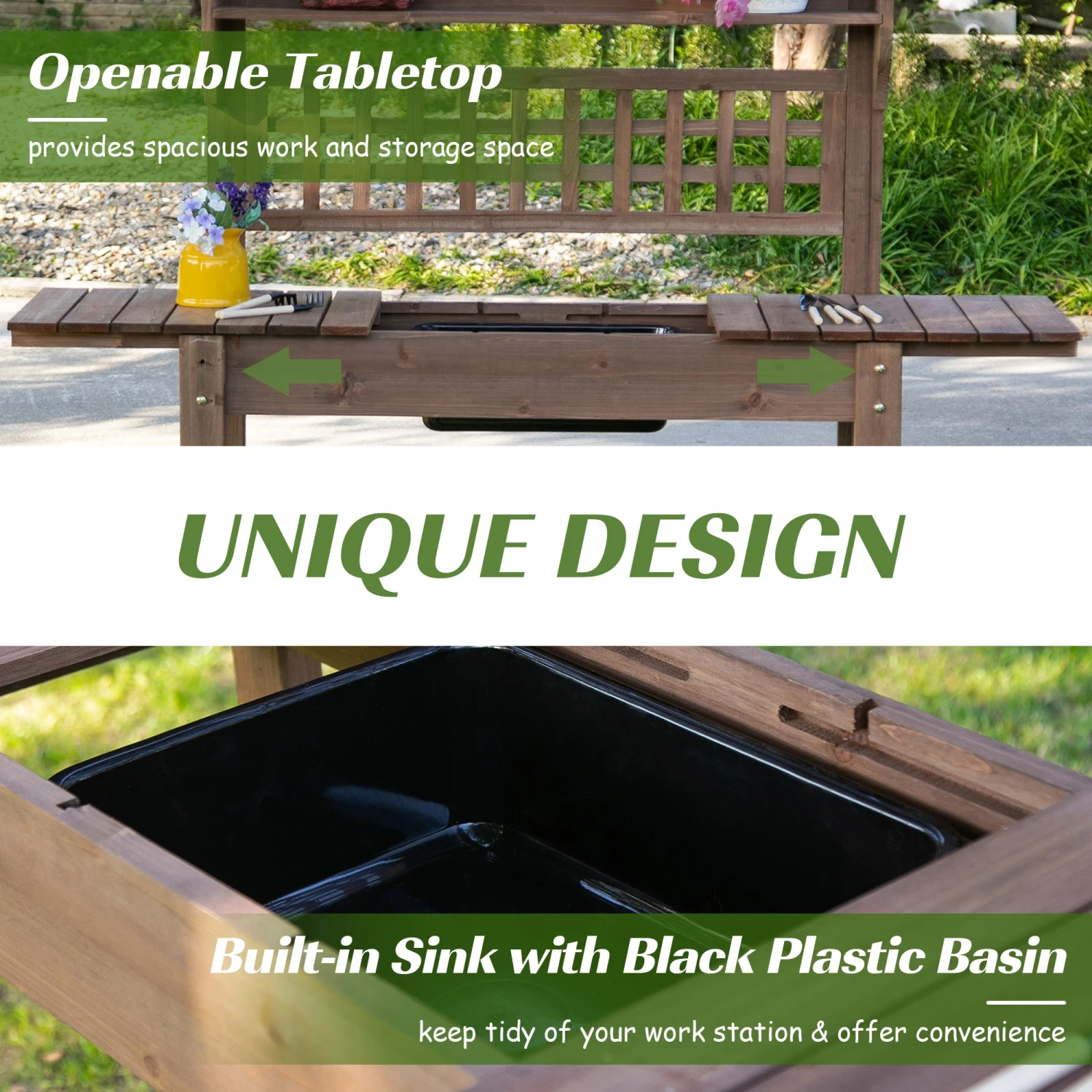 Outsunny Outdoor Potting Bench With Sliding Tabletop, Storage Shelf And Dry Sink, 2-Level Gardening Table, Wooden Workstation For Greenhouse, Garden, Patio, Brown 5 Outsunny Outdoor Potting Bench With Sliding Tabletop, Storage Shelf And Dry Sink, 2-Level Gardening Table, Wooden Workstation For Greenhouse, Garden, Patio, Brown - Image 5