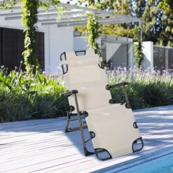Outsunny Tanning Chair, 2-in-1 Beach Lounge Chair & Camping Chair W/ Pillow & Pocket, Adjustable Chaise For Sunbathing Outside, Patio, Poolside, Cream White -Outsunny ZmI6ff17fe87af031