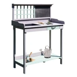 Outsunny Outdoor Wooden Potting Bench Table With Removable Sink, Garden Work Station With Chalkboard, Drawer, Open Shelf Storage, Light Gray