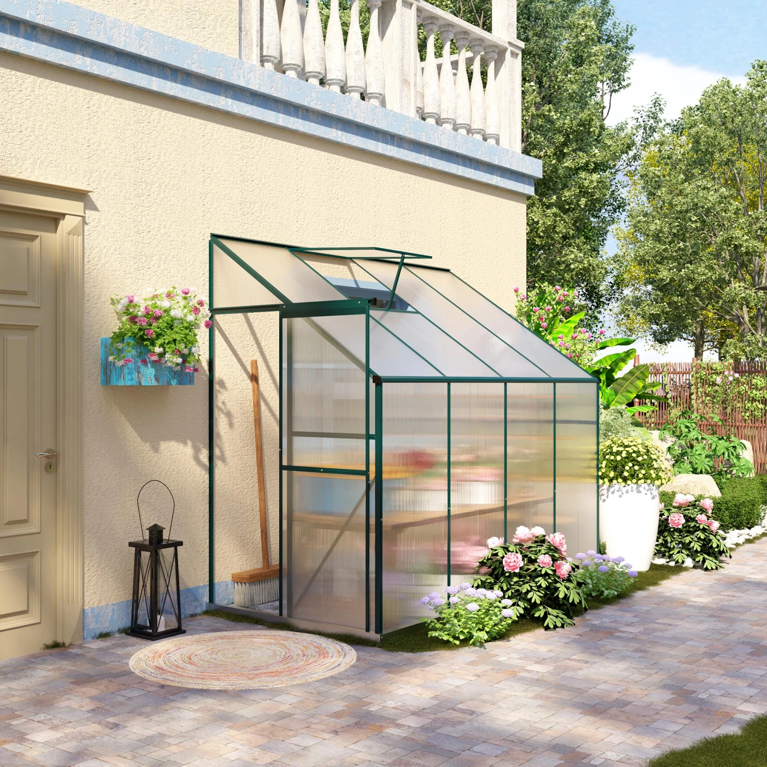 Outsunny 8' X 4' X 7' Hobby Greenhouse, Walk-in Lean-To Polycarbonate Hot House Kit With Aluminum Frame, Sliding Door, Roof Vent, Green 7 Outsunny 8' X 4' X 7' Hobby Greenhouse, Walk-in Lean-To Polycarbonate Hot House Kit With Aluminum Frame, Sliding Door, Roof Vent, Green - Image 7