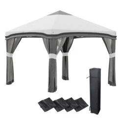 Outsunny 10' X 10' Pop Up Canopy Tent With Netting, Instant Tents For Parties, Height Adjustable, With Wheeled Carry Bag And 4 Sand Bags For Outdoor, Garden, Patio, Gray