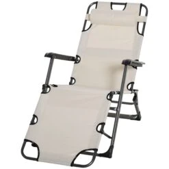 Outsunny Tanning Chair, 2-in-1 Beach Lounge Chair & Camping Chair W/ Pillow & Pocket, Adjustable Chaise For Sunbathing Outside, Patio, Poolside, Cream White -Outsunny aLTdaa17fe87af031