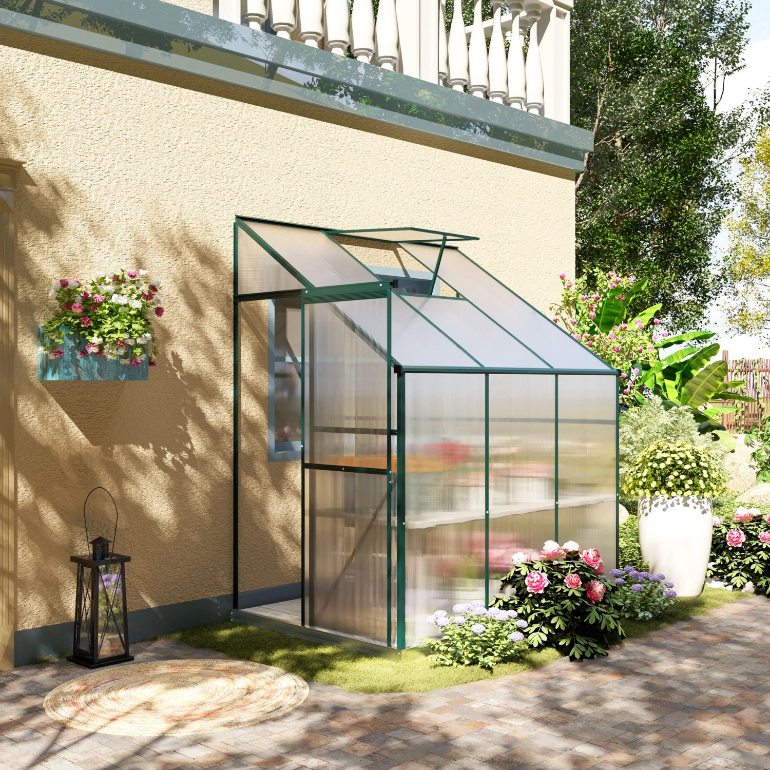 Outsunny 6' X 4' X 7' Hobby Greenhouse, Walk-in Lean-To Polycarbonate Hot House Kit With Aluminum Frame, Sliding Door, Roof Vent, Green 2 Outsunny 6' X 4' X 7' Hobby Greenhouse, Walk-in Lean-To Polycarbonate Hot House Kit With Aluminum Frame, Sliding Door, Roof Vent, Green - Image 2