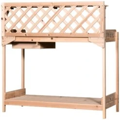 Outsunny Outdoor Garden Potting Bench, Wooden Workstation Table W/ Drawer, Hooks, Open Shelf, Lower Storage And Lattice Back For Patio, Backyard And Porch -Outsunny aYF46b17ed37bb3d2
