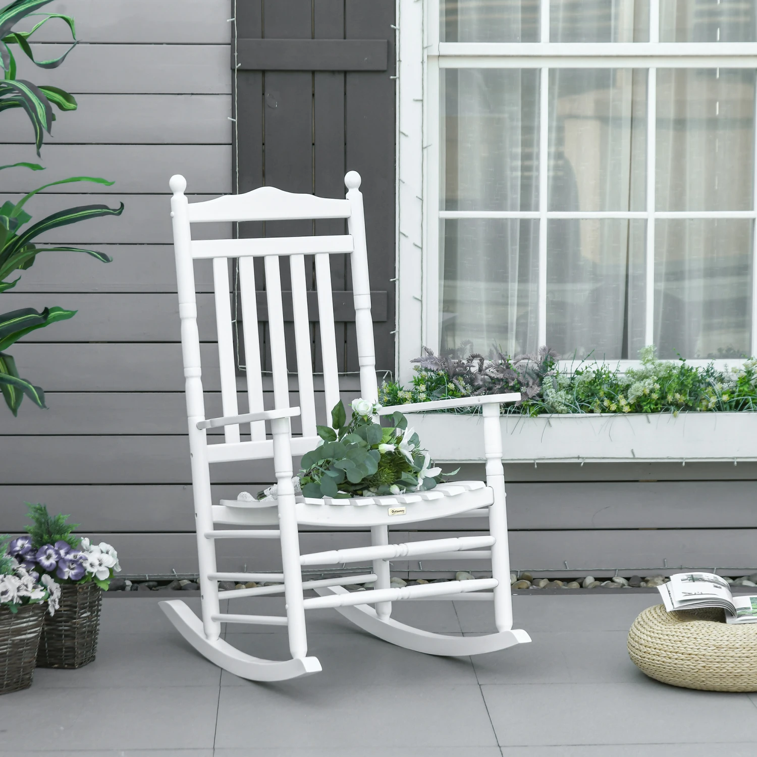 Outsunny Traditional Wooden High-Back Rocking Chair For Porch, Indoor/Outdoor, White 2 Outsunny Traditional Wooden High-Back Rocking Chair For Porch, Indoor/Outdoor, White - Image 2