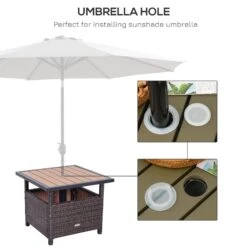 Outsunny 22'' Rattan Wicker Side Table With Steel Frame, Umbrella Insert Hole, Sand Bag For Outdoor, Patio, Garden, Backyard, Brown -Outsunny acIeb917e6b5778c6