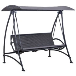 Outsunny 3 Person Rattan Outdoor Hanging Swing Chair With Canopy And Seat Cushions For Backyard, Patio, Garden, Grey