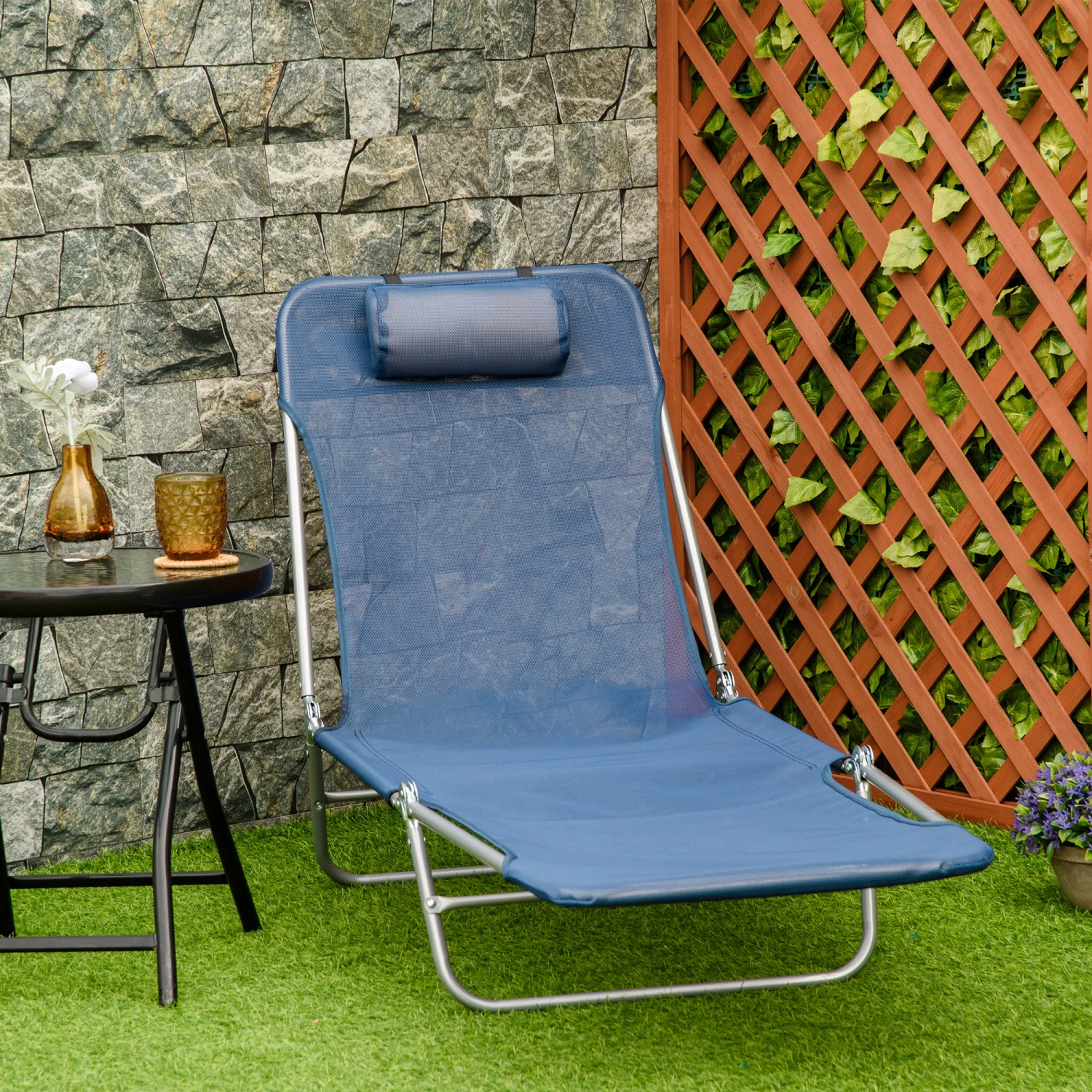 Outsunny Folding Chaise Lounge Pool Chair, Outdoor Sun Tanning Chair With Pillow, Reclining Back, Steel Frame & Breathable Mesh For Beach, Yard, Patio, Blue 2 Outsunny Folding Chaise Lounge Pool Chair, Outdoor Sun Tanning Chair With Pillow, Reclining Back, Steel Frame & Breathable Mesh For Beach, Yard, Patio, Blue - Image 2