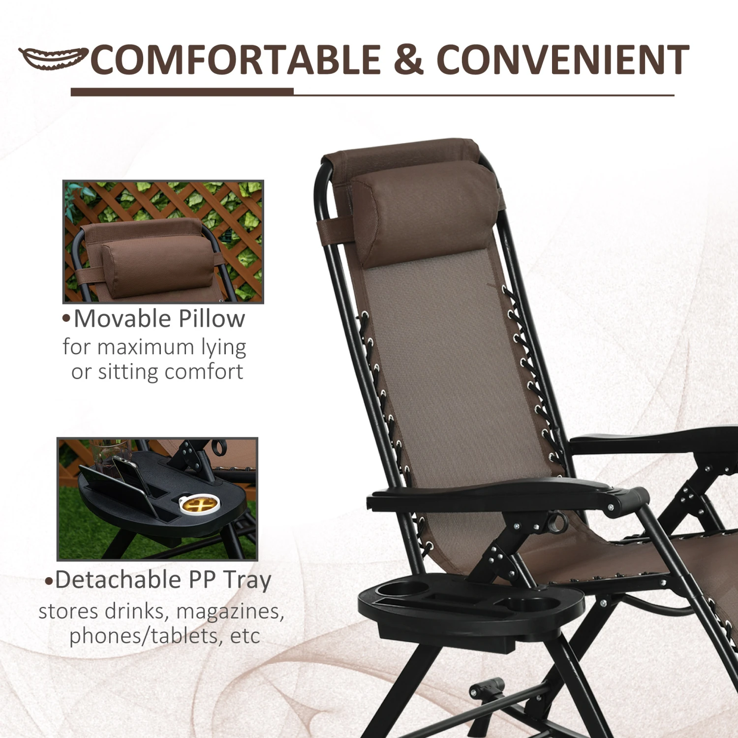 Outsunny Outdoor Rocking Chairs, Foldable Reclining Zero Gravity Lounge Rocker W/ Pillow, Cup & Phone Holder, Combo Design W/ Folding Legs, Brown 5 Outsunny Outdoor Rocking Chairs, Foldable Reclining Zero Gravity Lounge Rocker W/ Pillow, Cup & Phone Holder, Combo Design W/ Folding Legs, Brown - Image 5