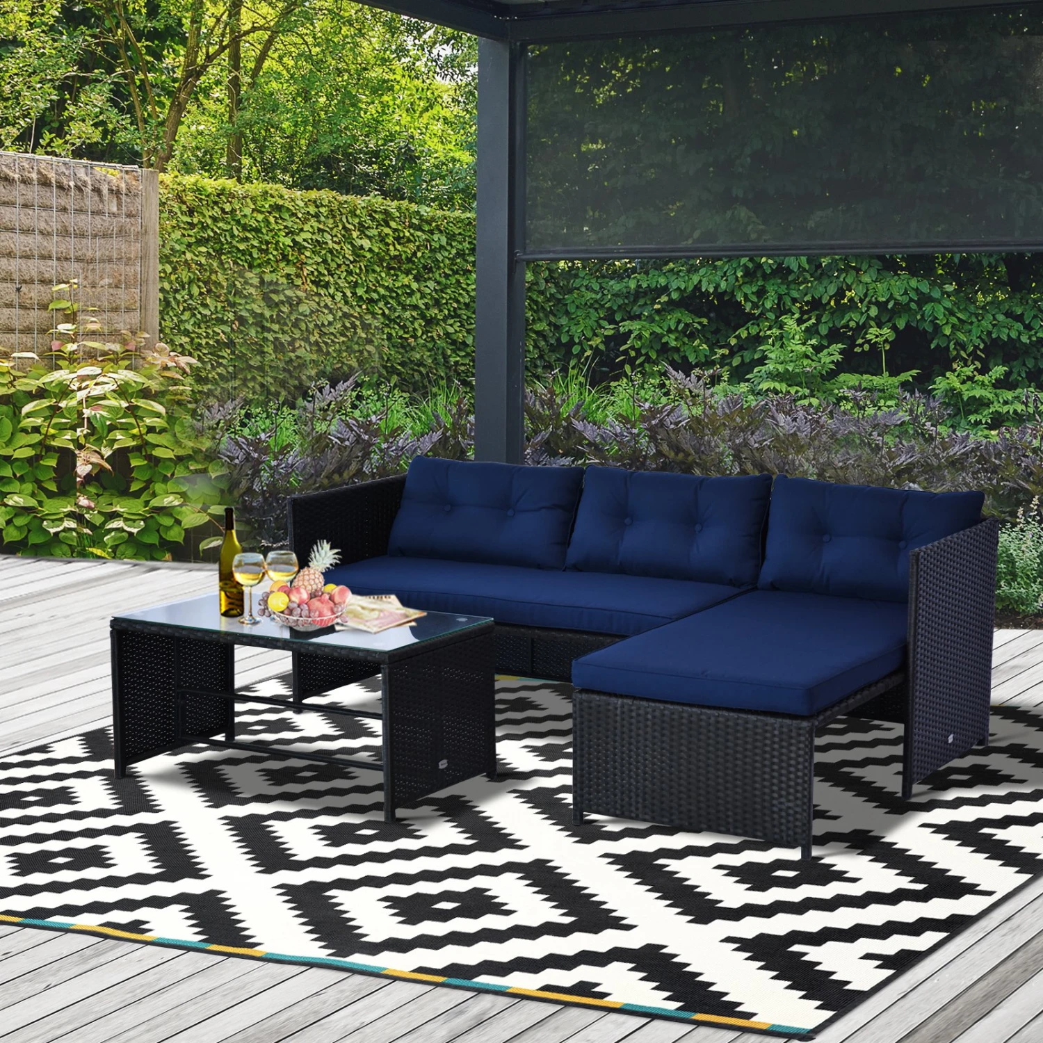 Outsunny 3 Piece Patio Furniture Set, Rattan Outdoor Sofa Set With Chaise Lounge & Loveseat, Soft Cushions, Tempered Glass Table, L-Shaped Sectional Couch, Blue 2 Outsunny 3 Piece Patio Furniture Set, Rattan Outdoor Sofa Set With Chaise Lounge & Loveseat, Soft Cushions, Tempered Glass Table, L-Shaped Sectional Couch, Blue - Image 2