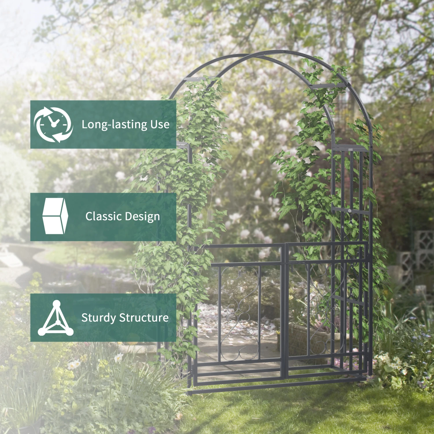 Outsunny 81" Metal Garden Arbor With Double Doors, Locking Gate, Climbing Vine Frame With Heart Motifs, Arch For Wedding, Bridal Party Decoration, Grey 6 Outsunny 81" Metal Garden Arbor With Double Doors, Locking Gate, Climbing Vine Frame With Heart Motifs, Arch For Wedding, Bridal Party Decoration, Grey - Image 6