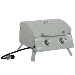 Outsunny 2 Burner Folding Tabletop Gas BBQ Grill W/ Lid, Thermometer, Carbon Steel, Grey