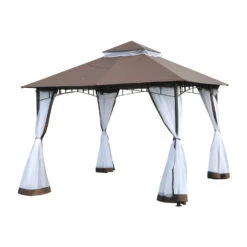 Outsunny 10' X 10' Outdoor Patio Gazebo Canopy Tent With Mesh Sidewalls, 2-Tier Canopy For Backyard, Coffee