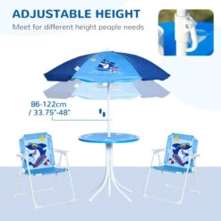 Outsunny Kids Table And Chair Set, Outdoor Folding Garden Furniture, For Patio Backyard, With Shark Pattern, Removable & Height Adjustable Sun Umbrella, Aged 3-6 Years Old, Blue -Outsunny b7u88c17f276904d6