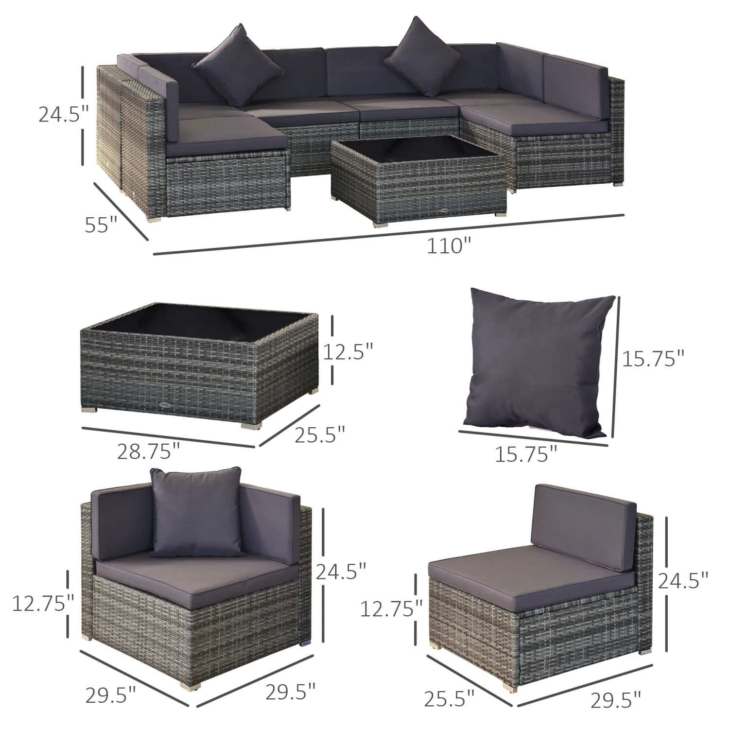 Outsunny 7 Piece Outdoor Patio Furniture Set, PE Rattan Wicker Sectional Sofa Set With Couch Cushions, Throw Pillows And Black Coffee Table, Double Gray 3 Outsunny 7 Piece Outdoor Patio Furniture Set, PE Rattan Wicker Sectional Sofa Set With Couch Cushions, Throw Pillows And Black Coffee Table, Double Gray - Image 3