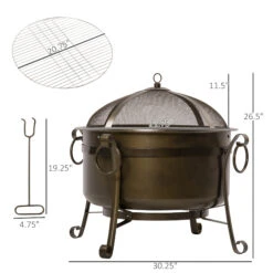 Outsunny 30" Outdoor Fire Pit Grill, Portable Steel Wood Burning Bowl, Cooking Grate, Poker, Spark Screen Lid For Patio, Backyard, BBQ, Camping, Bronze Colored -Outsunny bJIc1717f777d0337