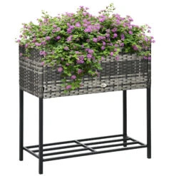 Outsunny Raised Garden Bed, Elevated Planter Box With Rattan Wicker Look, Tool Storage Shelf, Portable Design For Herbs, Vegetables, Flowers, Gray