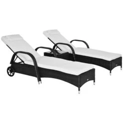 Outsunny 3 Piece Outdoor Furniture Set, 2 Reclining Chaise Lounge Chairs, Rolling Wheels, Armrests, Headrests, Thickly Cushioned, 1 Side Table, PE Plastic Rattan, Black
