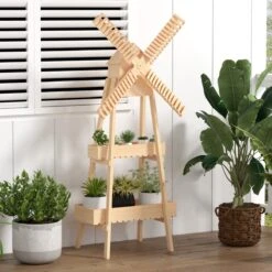 Outsunny Plant Shelf 2 Tier Wooden With Windmill & Bird House Plant Pots Holder Stand Indoor/Outdoor 32'' X 17'' X 61'' -Outsunny bSP18e17e69c4af37 1