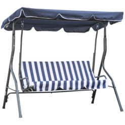 Outsunny 3-Person Patio Porch Swing With Adjustable Canopy For Adults, Steel Frame, Seat & Backrest Cushion, Armrests, Dark Blue & White Striped