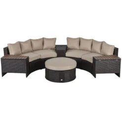 Outsunny 8 Piece Outdoor Rattan Sofa, Half Round Patio Furniture Set With Side Tables, Umbrella Hole, And Cushions, Beige