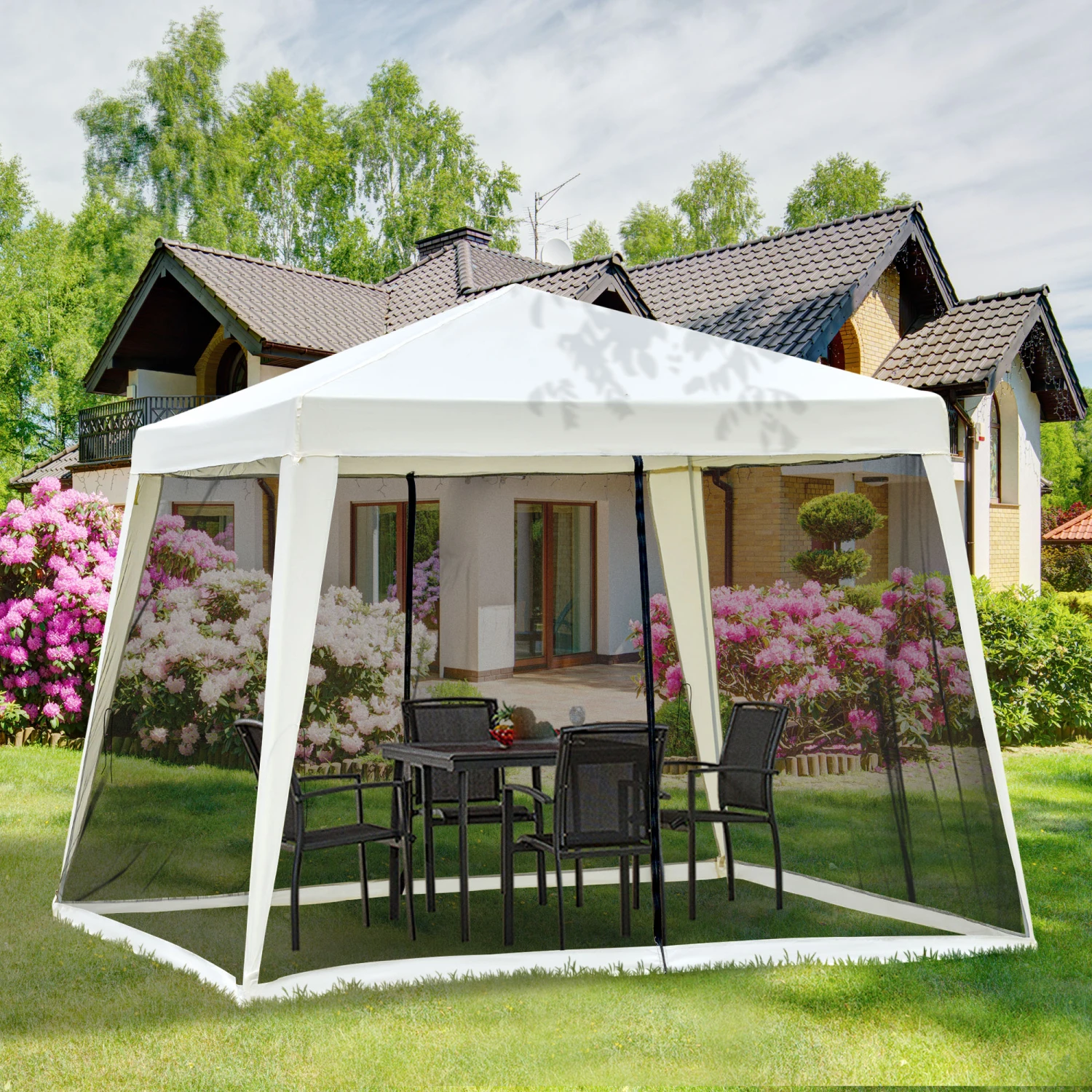 Outsunny 10'x10' Outdoor Party Tent Canopy With Mesh Sidewalls, Patio Gazebo Sun Shade Screen Shelter, Beige 2 Outsunny 10'x10' Outdoor Party Tent Canopy With Mesh Sidewalls, Patio Gazebo Sun Shade Screen Shelter, Beige - Image 2