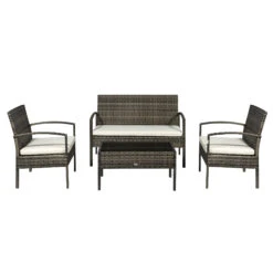 Outsunny Patio Porch Furniture Sets 4-PCS Rattan Wicker Chair W/ Table Conversation Set For Yard,Pool Or Backyard Indoor/Outdoor Use- Cream White