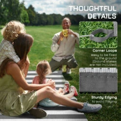 Outsunny Reversible Outdoor Rug Carpet, 9' X 18' Waterproof Plastic Straw Rug, Portable RV Camping Rugs With Carry Bag, Large Floor Mat For Backyard, Deck, Picnic, Beach, Gray & White Striped -Outsunny bdsd4d188a2acf149