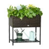 Outsunny Outdoor Flower Stand With Legs, Rattan Wicker Look, Tool Storage Shelf, Portable Design For Herbs, Vegetables, Flowers, Brown