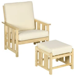 Outsunny 2-Piece Patio Furniture Set With 4" Thick Cushions, Wood Outdoor Furniture With Slat Armchair And An Ottoman, For Backyard, Porch, And Poolside, Beige