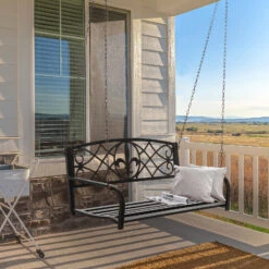 Outsunny 2-Person Porch Swing, Hanging Steel Patio Swing, Outdoor Swing Bench With Fleur-de-Lis Design For Garden Deck, 528 LBS Weight Capacity, Bronze -Outsunny cIQf101808d1be671