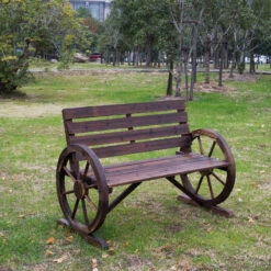 Outsunny Wooden Wagon Wheel Bench, Rustic Outdoor Patio Furniture, 2-Person Seat Bench With Backrest, Carbonized -Outsunny cIn2a117fb99093b4